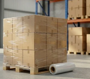 Tarima de cajas de cartón cuadradas emplayadas con película stretch para envíos industriales en CDMX.