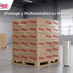 Cajas de cartón cuadradas con logotipo impreso en tarima emplayada y rollos de película stretch para embalaje industrial.